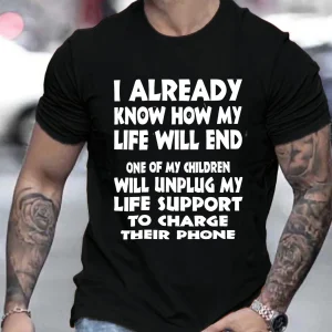 1Pc Men's Casual Crew Neck T-Shirt Cotton Knit Fabric with Slight Stretch Regular Fit Summer Fashion Printed Humorous Quote Tee