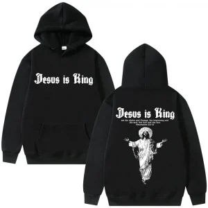 Jesus Is King Print Men Plus-size Hoodie Religious Outdoor Street Gothic Harajuku Casual Fashion Long-sleeve Autumn Fleece Top